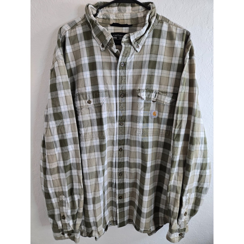 Carhartt Button Up Shirt Mens Size 3XL Green Plaid Loose Fit Long Sleeve Flannel